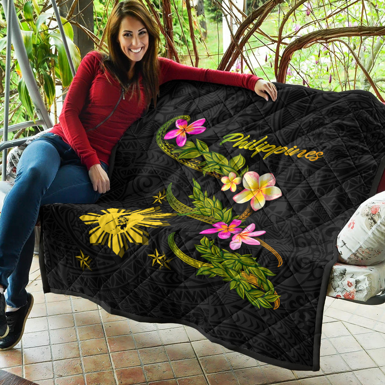 Philippines Filipinos Premium Quilt Philippines Sun And Map Plumeria Tribal