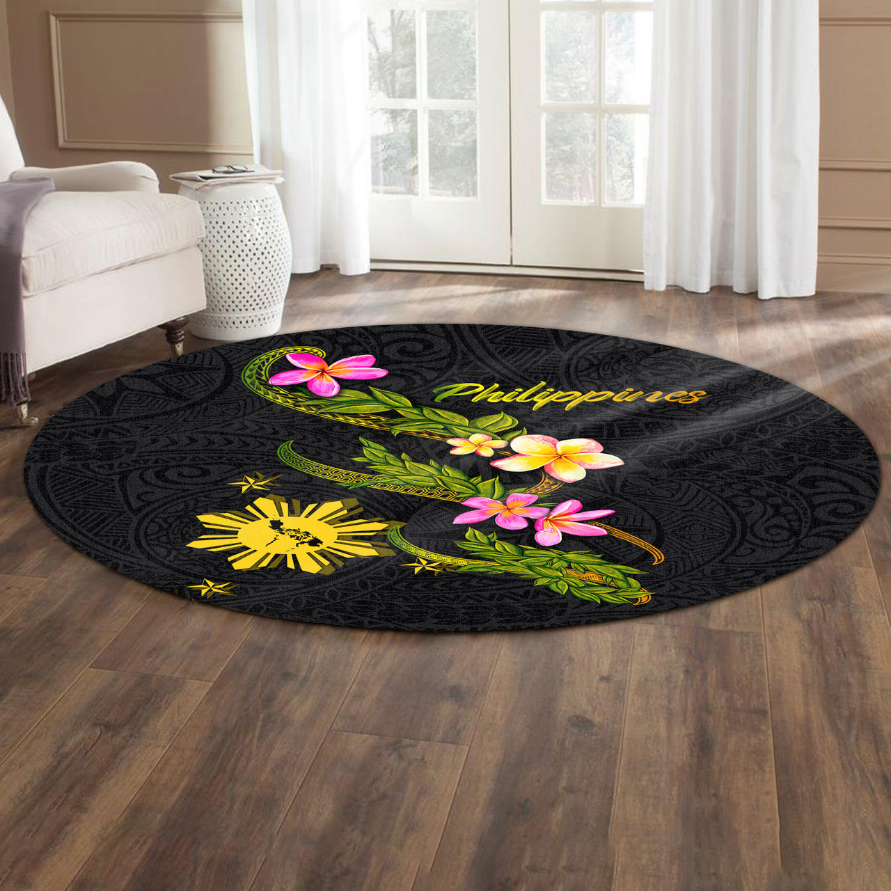 Philippines Filipinos Round Rug Philippines Sun And Map Plumeria Tribal