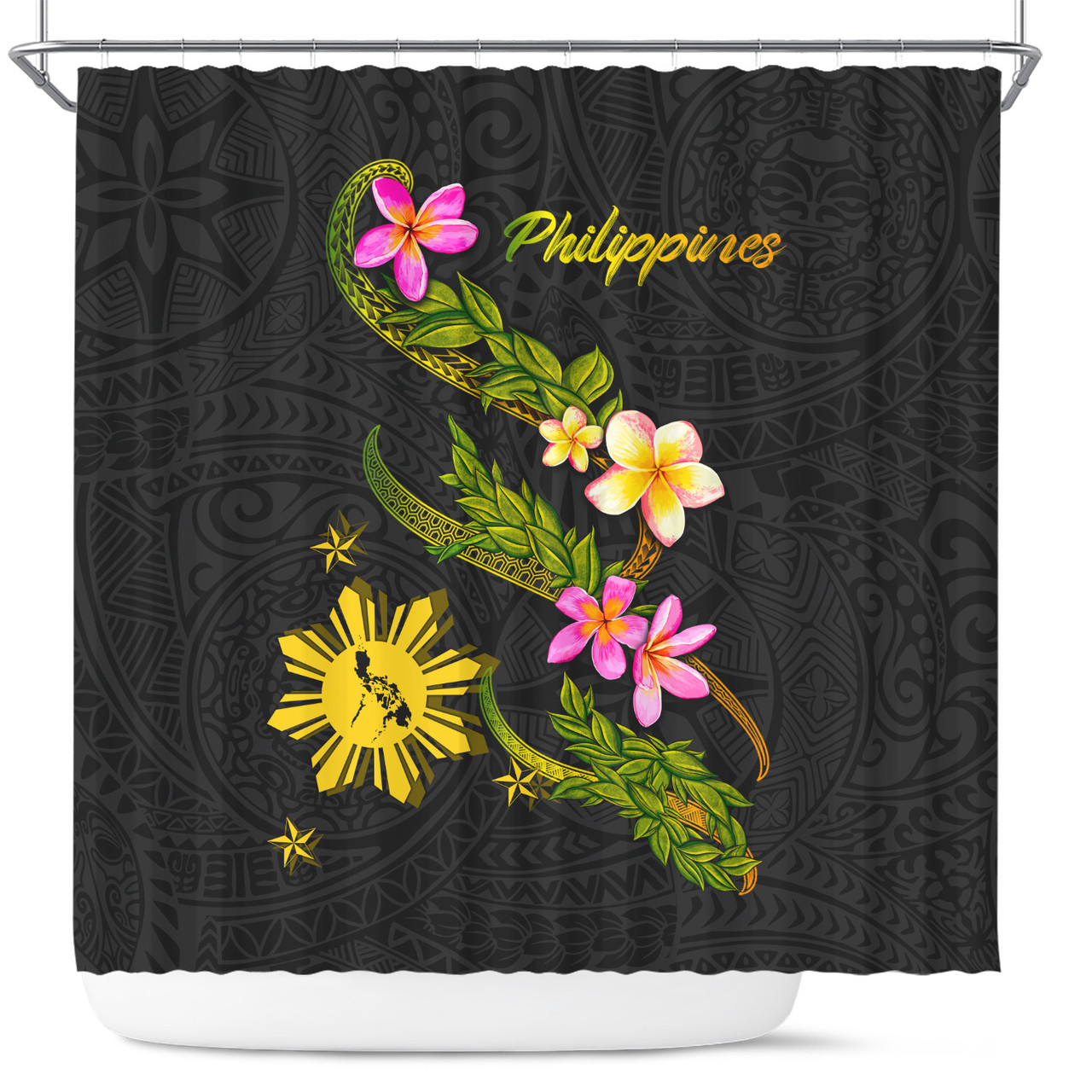 Philippines Filipinos Shower Curtain Philippines Sun And Map Plumeria Tribal