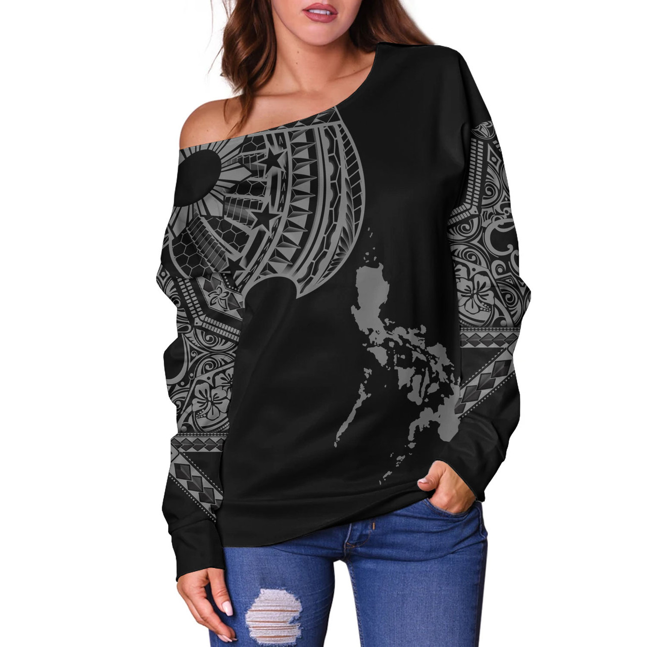 Philippines Filipinos Custom Personalised Off Shoulder Sweatshirt Filipinos Sun Tatau Tribal Patterns