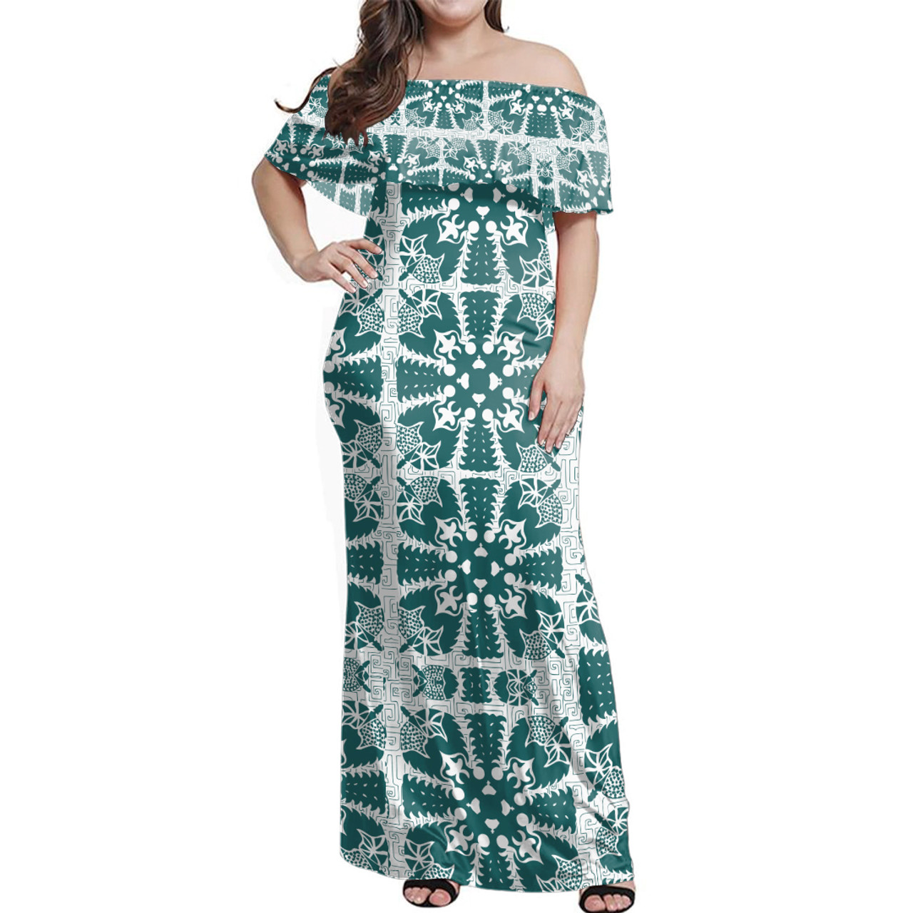 Hawaii  Woman Off Shoulder Long Dress Flower Pacific Island