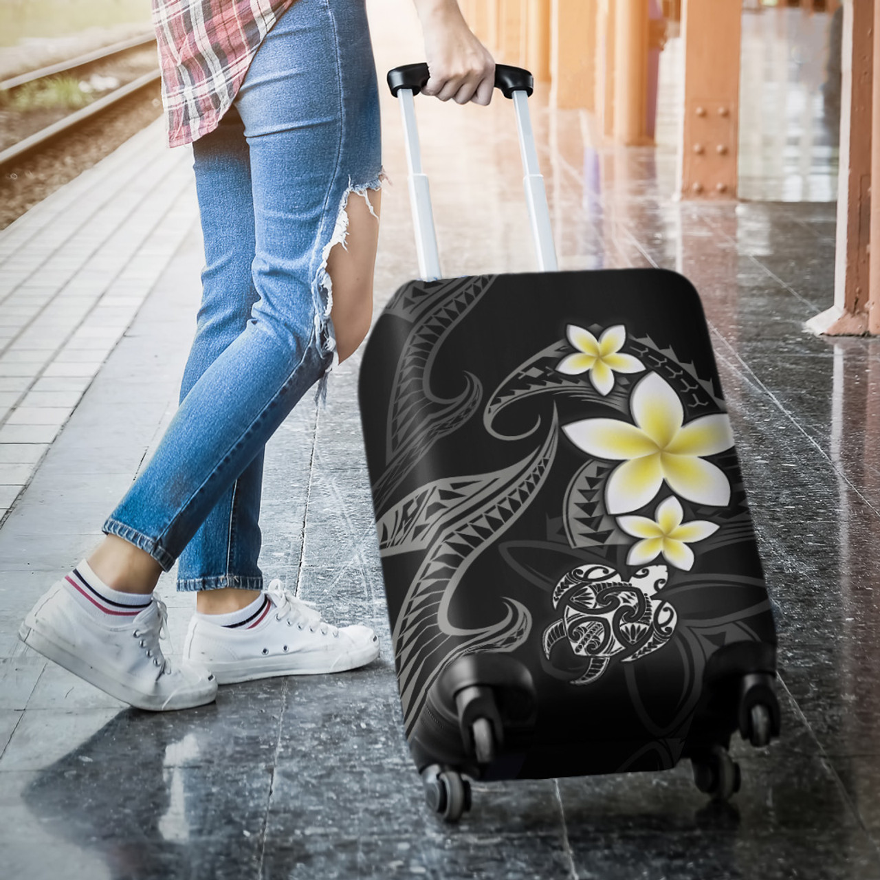 Hawaii Luggage Cover Hawaiian Turtle Honu Plumeria Tribal Tattoo