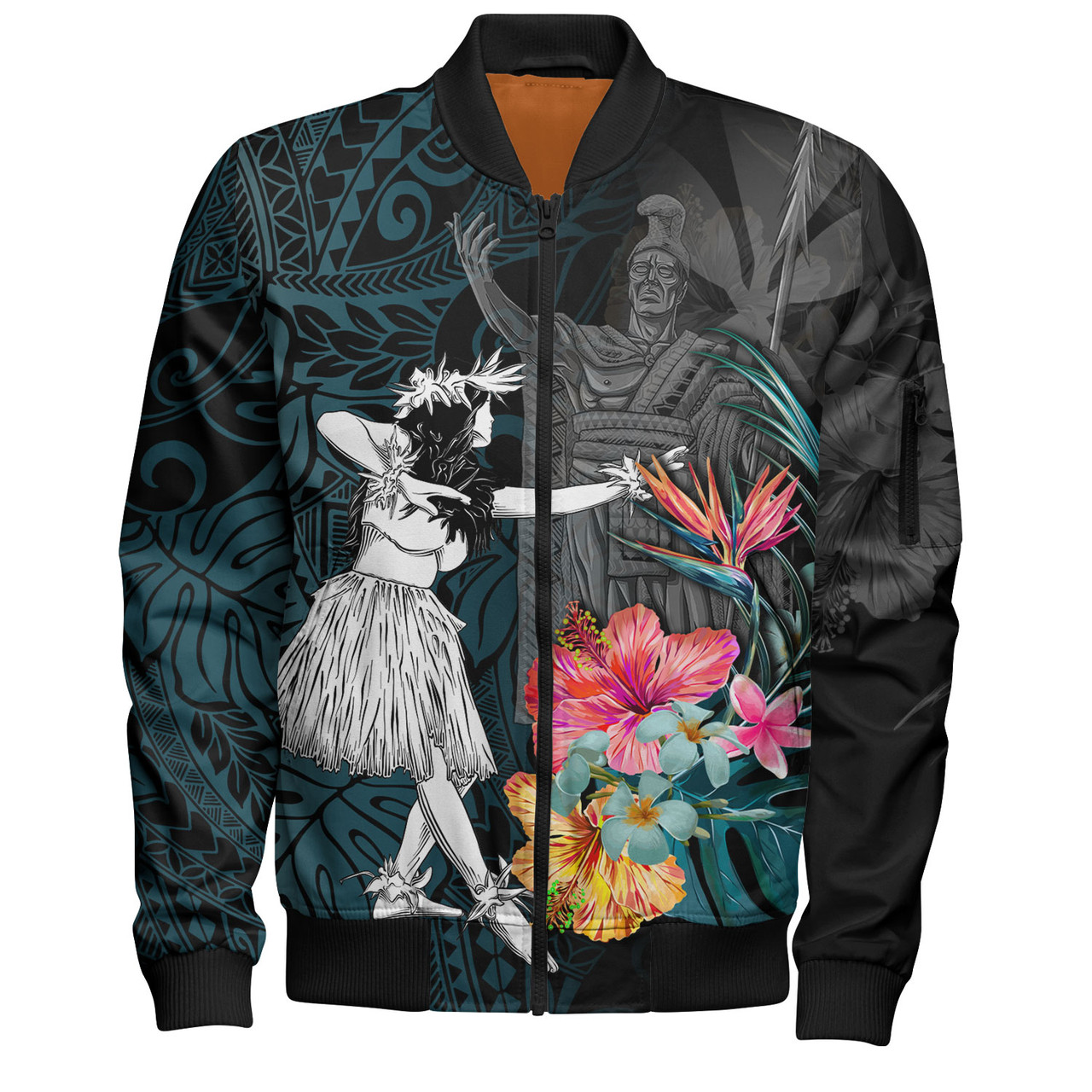 Hawaii Bomber Jacket King Kamehameha With Hawaiian Girls Tropical Flowers