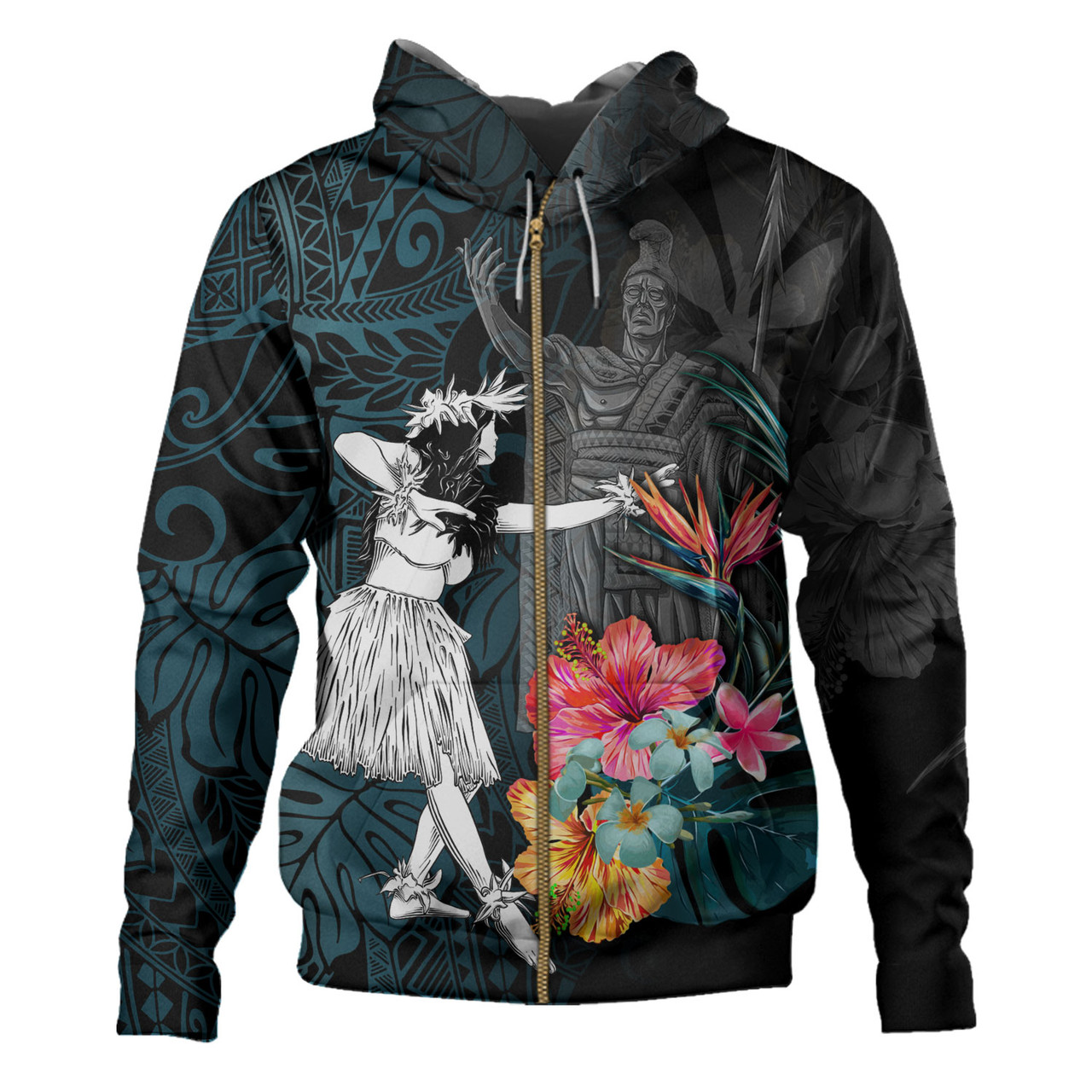 Hawaii Hoodie King Kamehameha With Hawaiian Girls Tropical Flowers