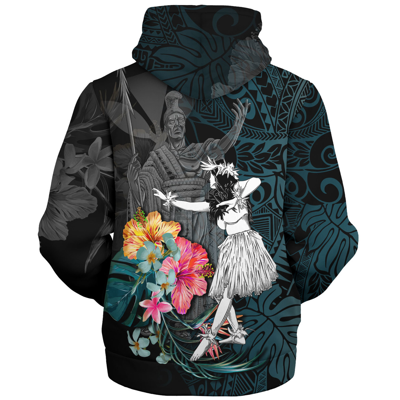 Hawaii Sherpa Hoodie King Kamehameha With Hawaiian Girls Tropical Flowers