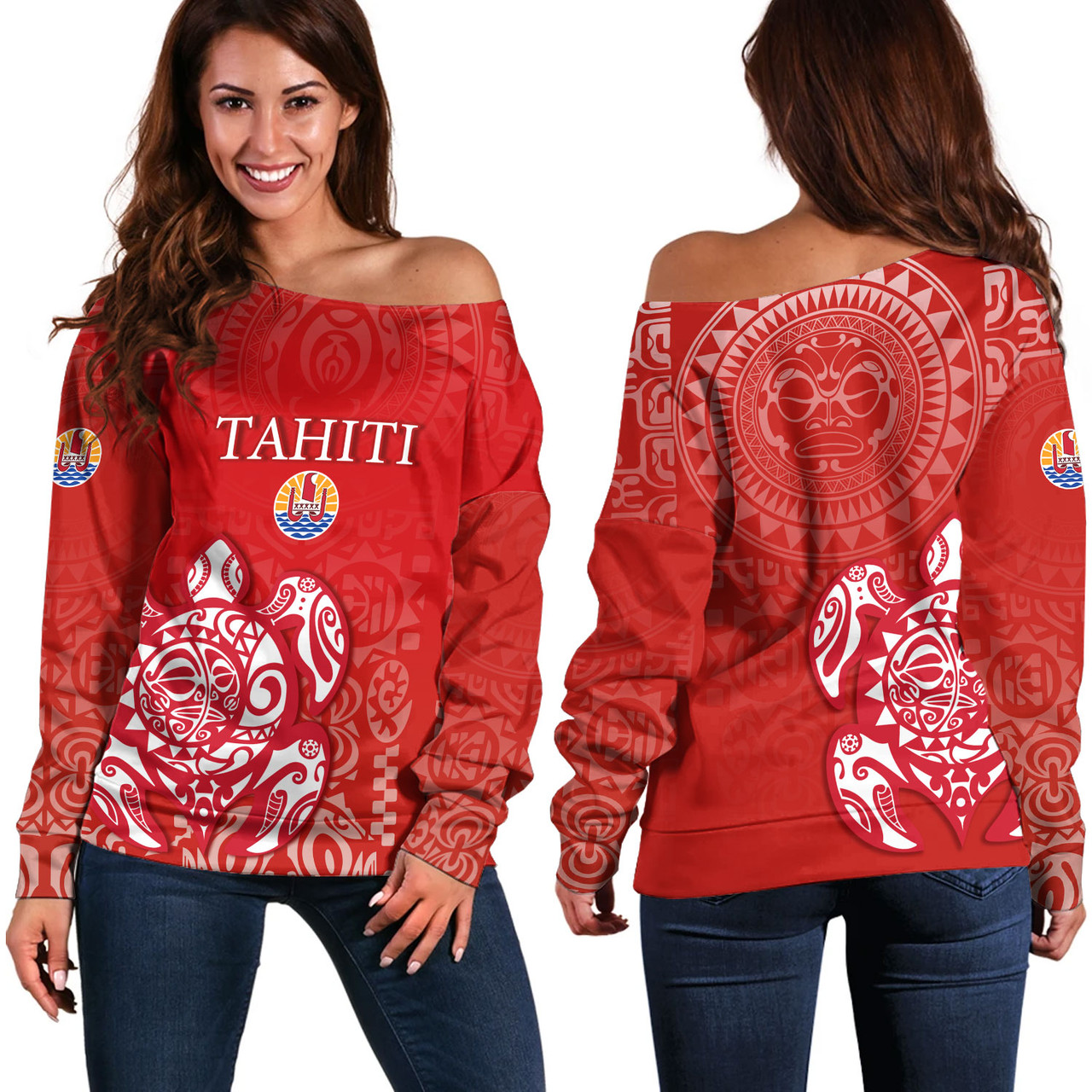 Tahiti Off Shoulder Sweatshirt Tahitian Tribal Tattoos Style