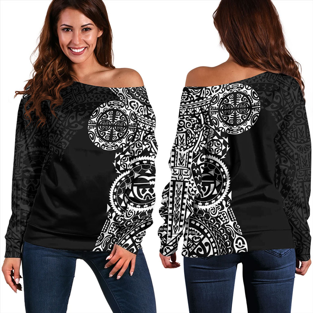 Tahiti Off Shoulder Sweatshirt Tribal Tattoo