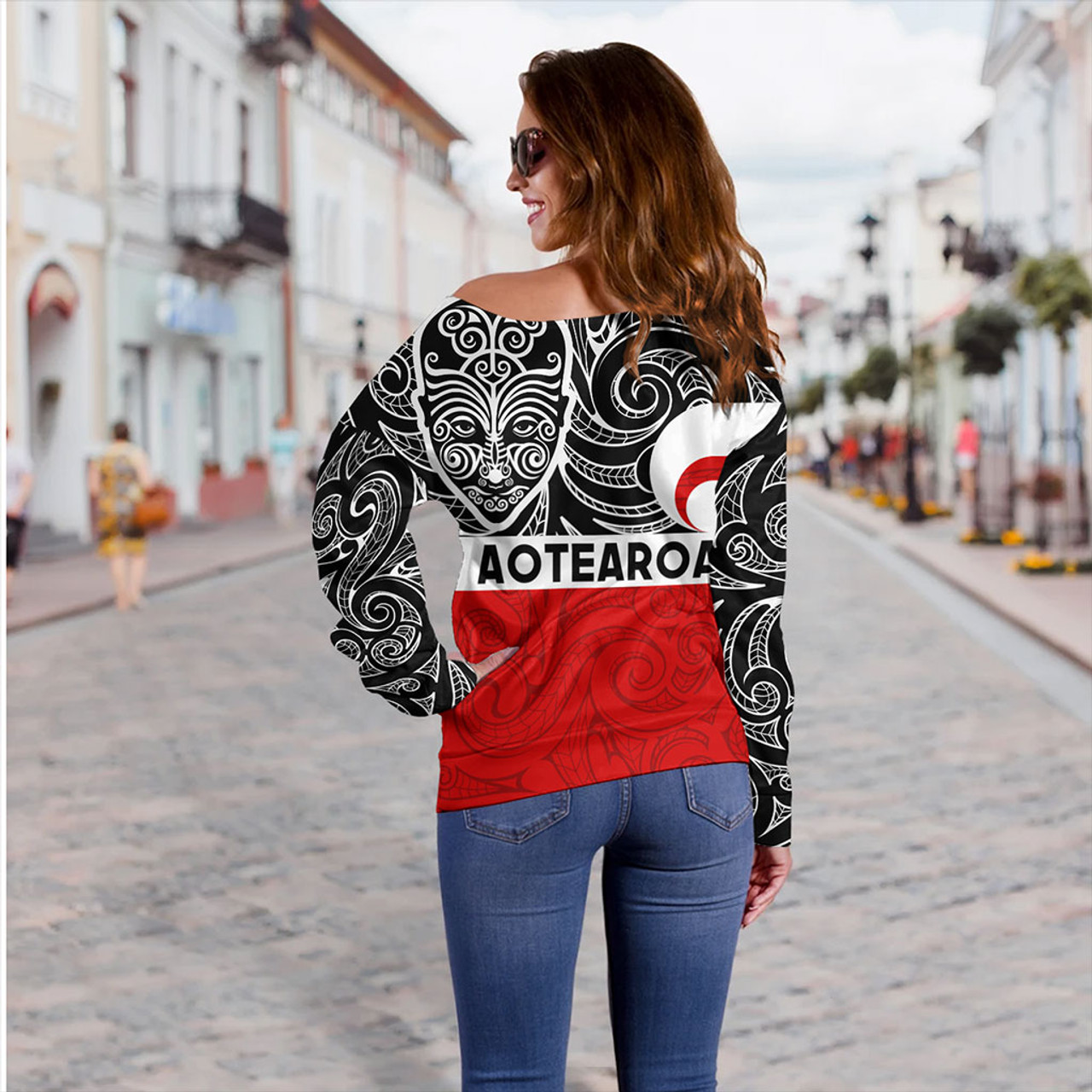 New Zealand Off Shoulder Sweatshirt Aotearoa Maori Haka Face