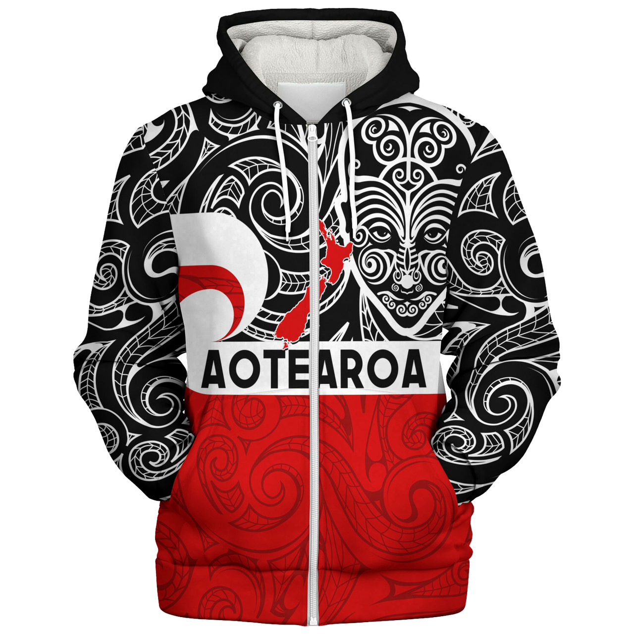 New Zealand Sherpa Hoodie Aotearoa Maori Haka Face