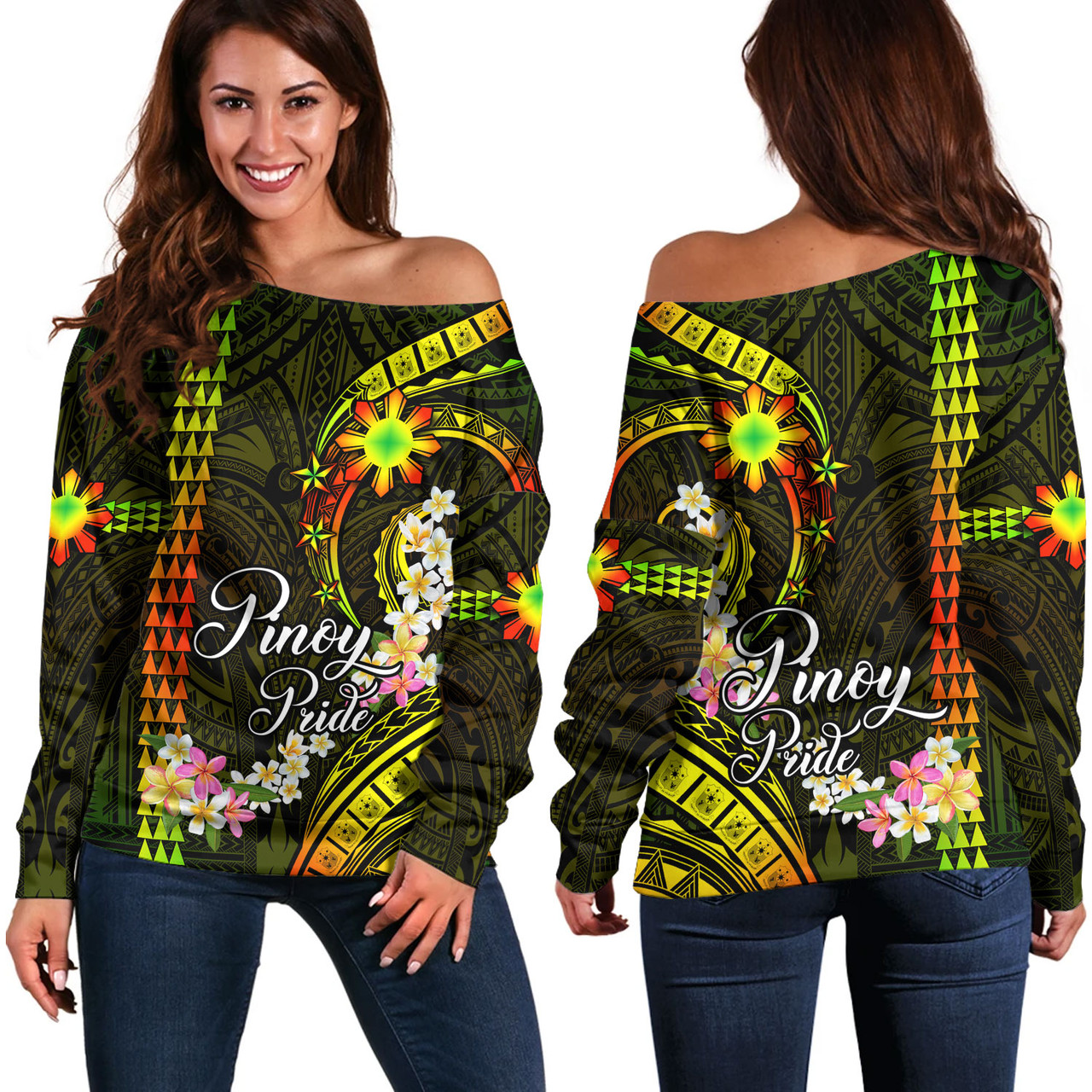 Philippines Filipinos Off Shoulder Sweatshirt Pinoy Pride Tribal Patterns Curve Style