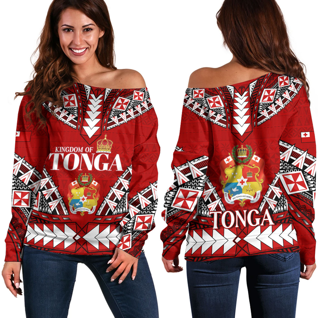 Tonga Off Shoulder Sweatshirt Kingdom Of Tonga Tribal Patterns