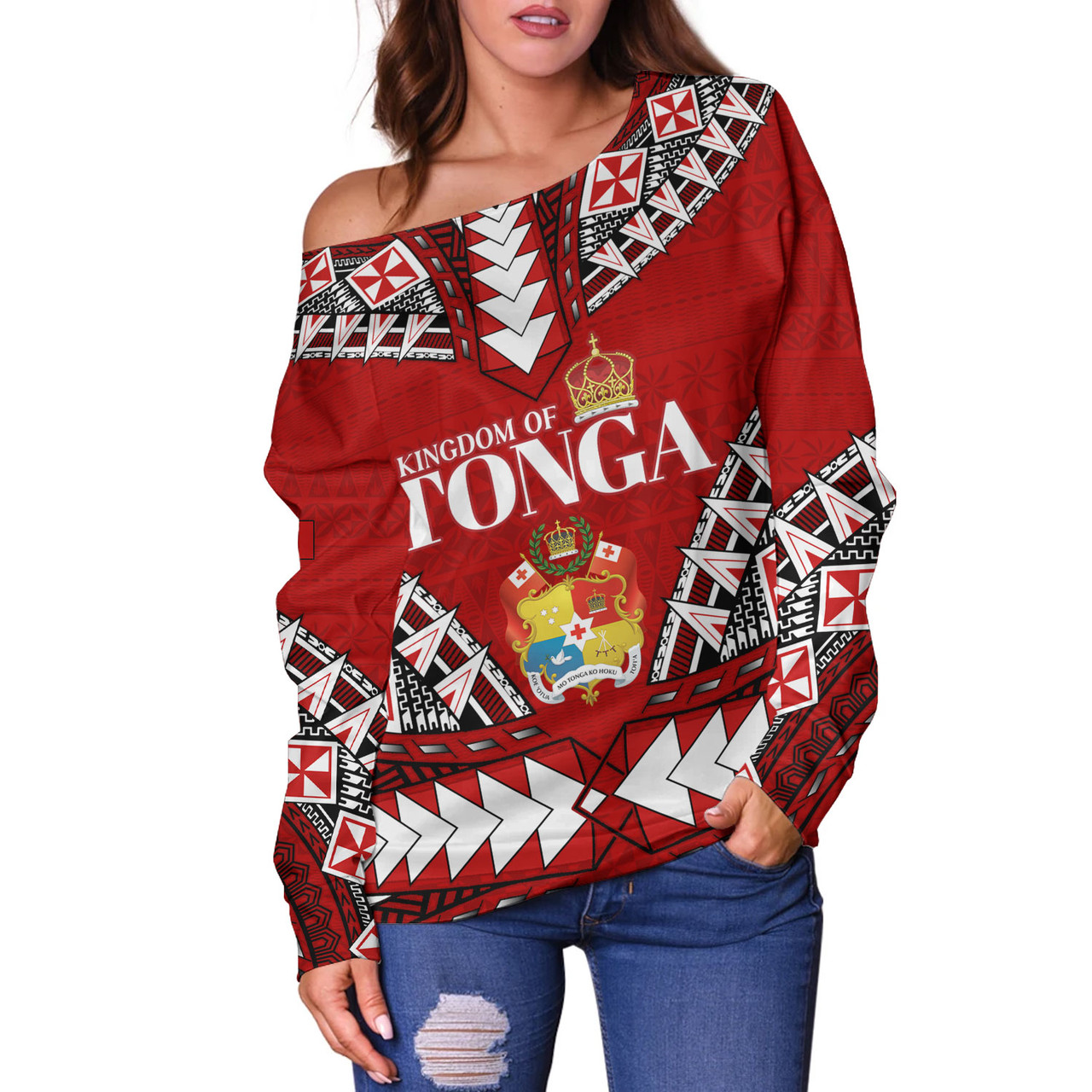 Tonga Off Shoulder Sweatshirt Kingdom Of Tonga Tribal Patterns
