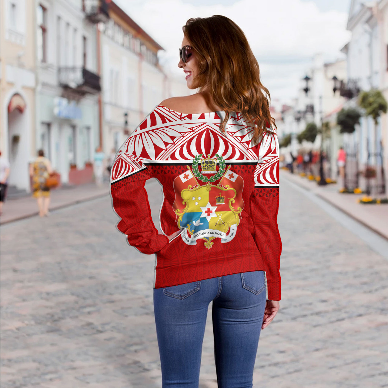 Tonga Custom Personalised Off Shoulder Sweatshirt Coat Of Arms Ngatu Patterns Design