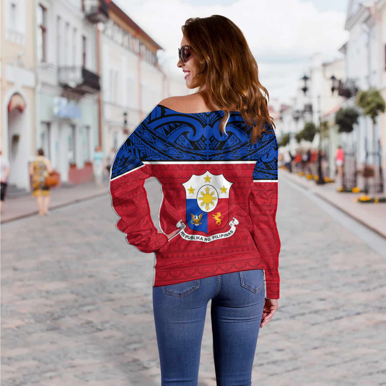 Philippines Filipinos Custom Personalised Off Shoulder Sweatshirt Coat Of Arms Tribal Patterns Style