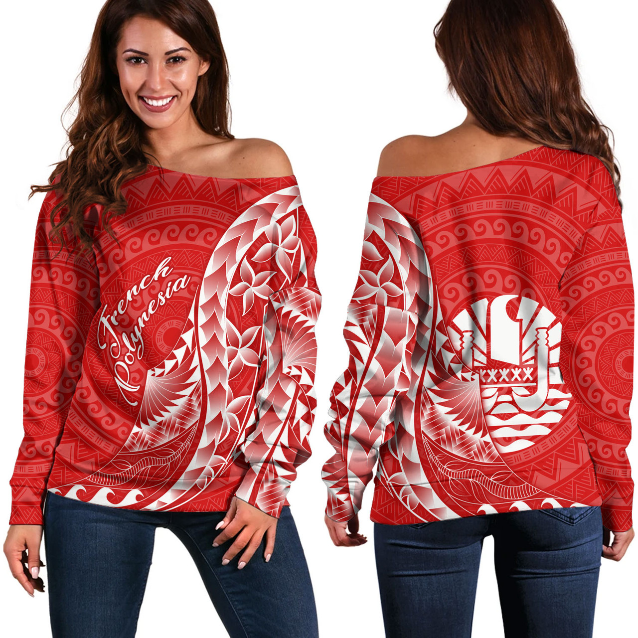 French Polynesia Custom Personalised Off Shoulder Sweatshirt Coat Of Arms Tribal Patterns Style