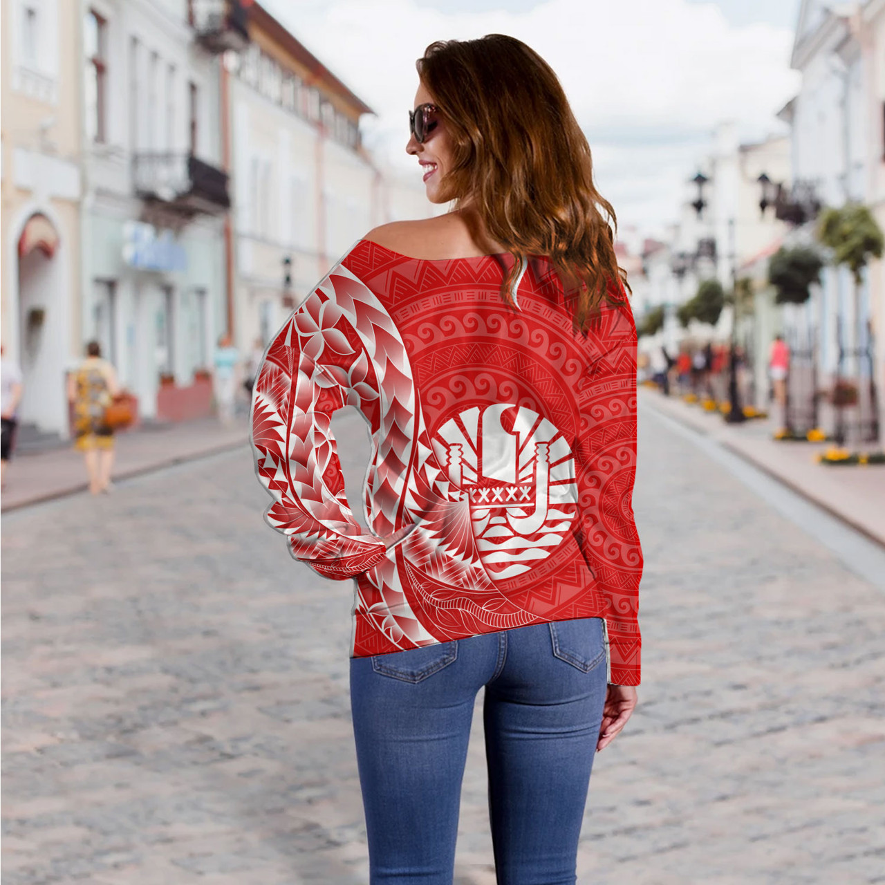 French Polynesia Custom Personalised Off Shoulder Sweatshirt Coat Of Arms Tribal Patterns Style