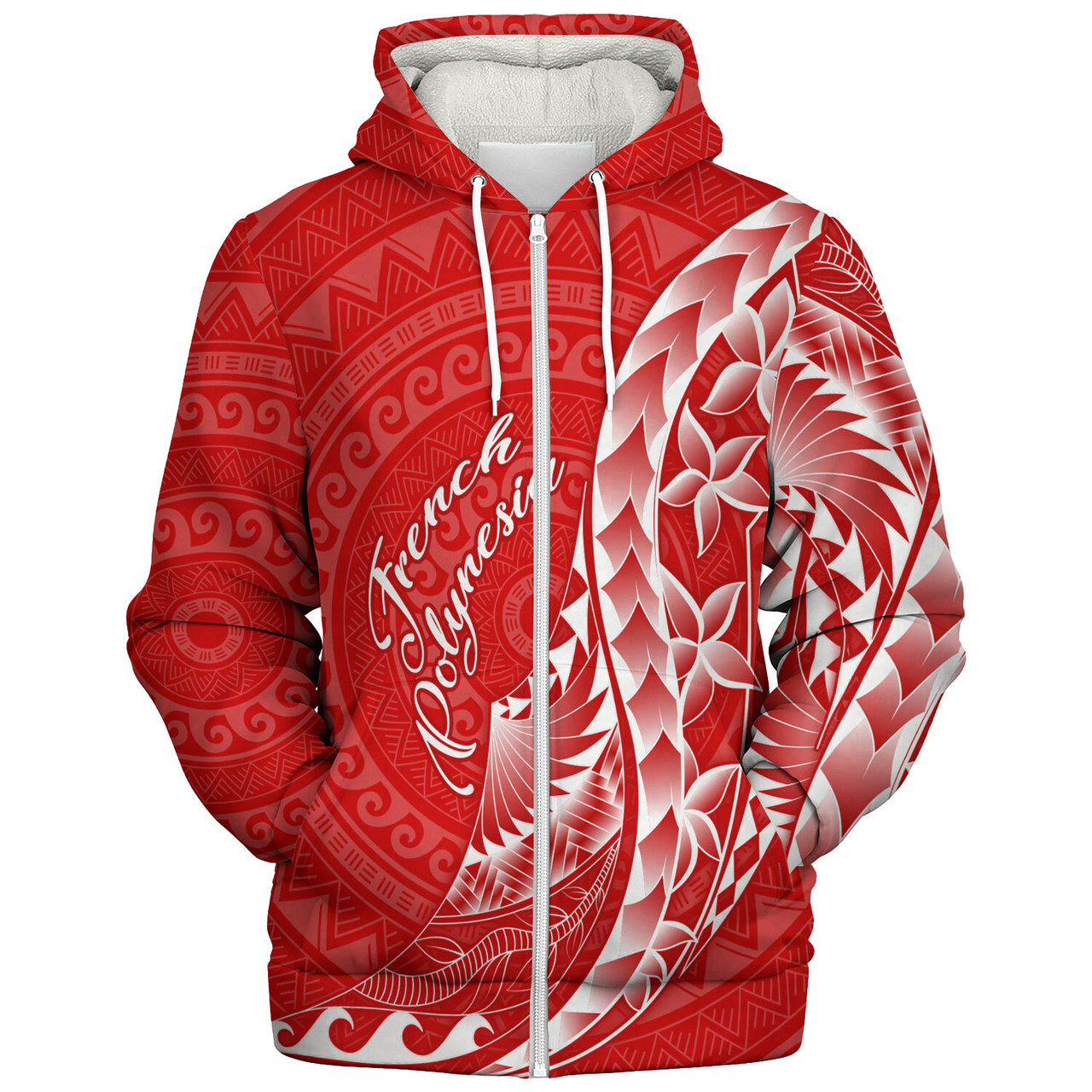 French Polynesia Custom Personalised Sherpa Hoodie Coat Of Arms Tribal Patterns Style
