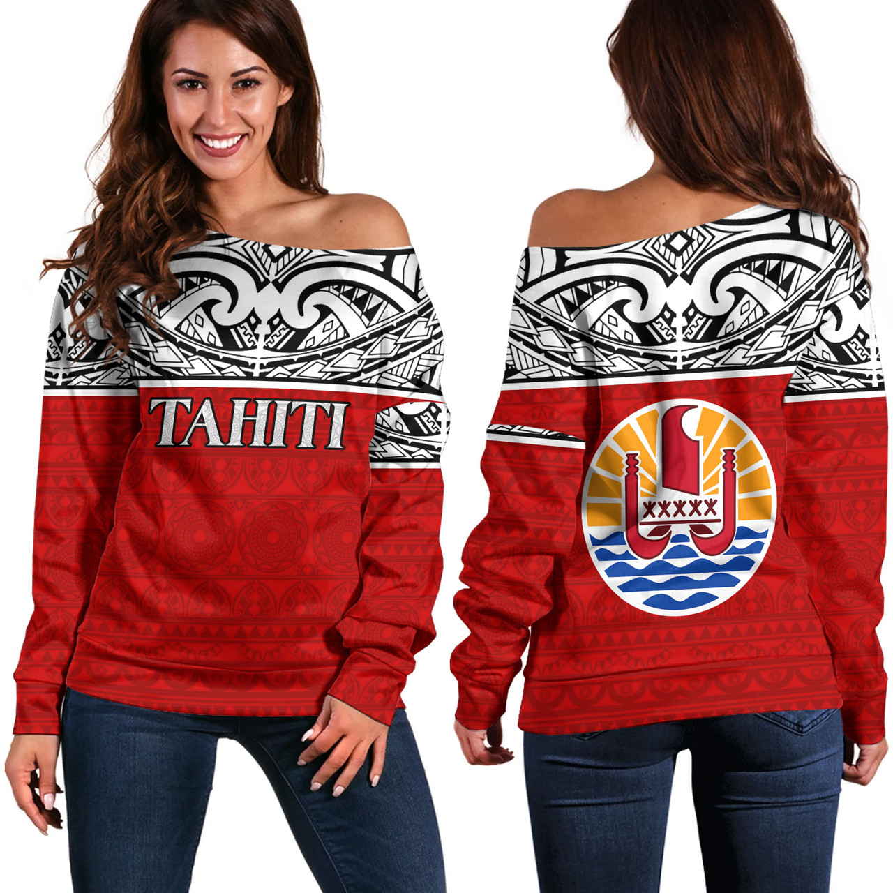 Tahiti Custom Personalised Off Shoulder Sweatshirt Coat Of Arms Polynesia Patterns Style