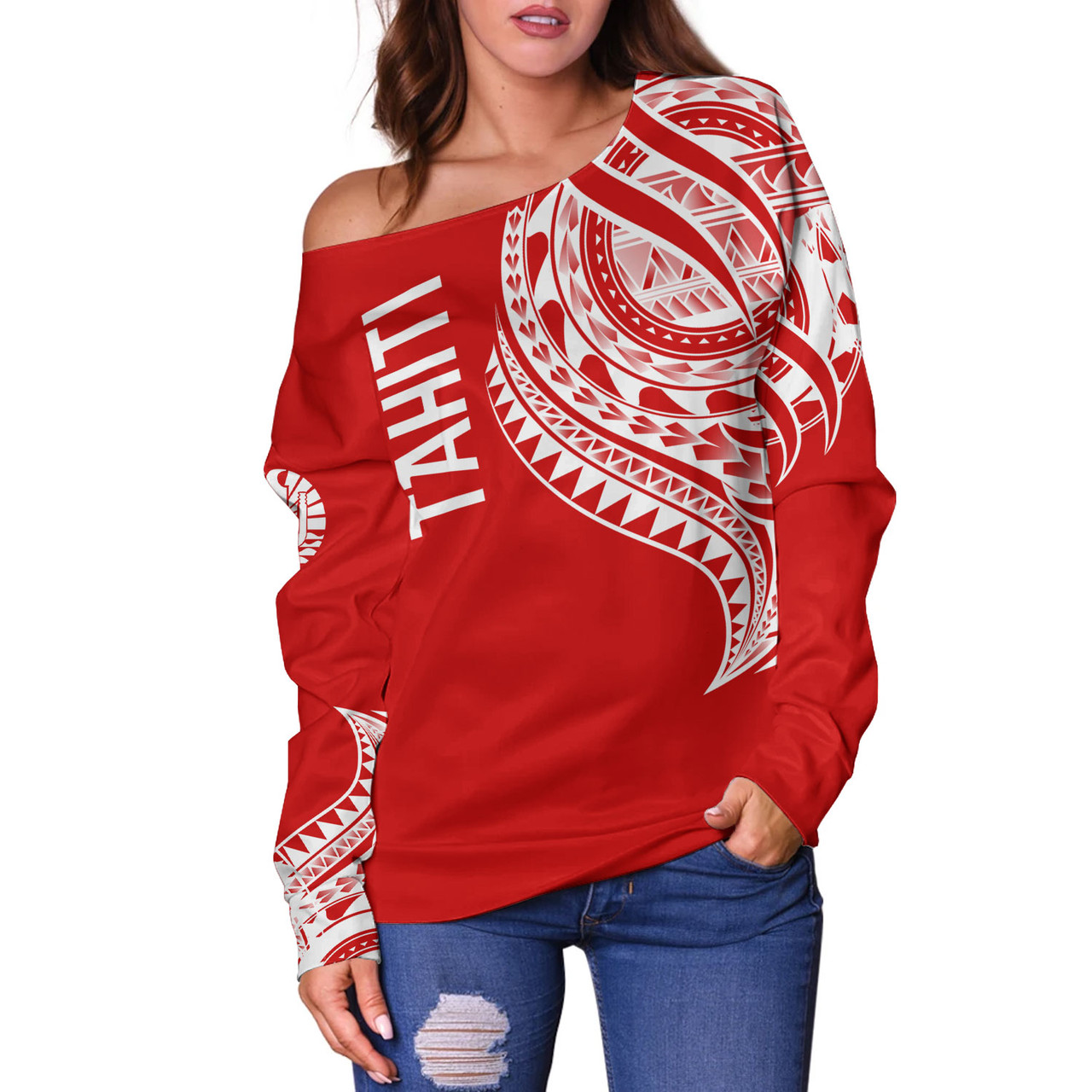 Tahiti Custom Personalised Off Shoulder Sweatshirt Tatau White Patterns With Coat Of Arms