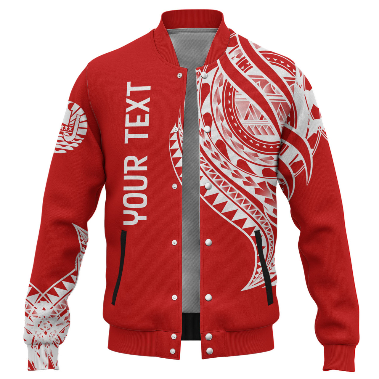 Tahiti Custom Personalised Baseball Jacket Tatau White Patterns With Coat Of Arms