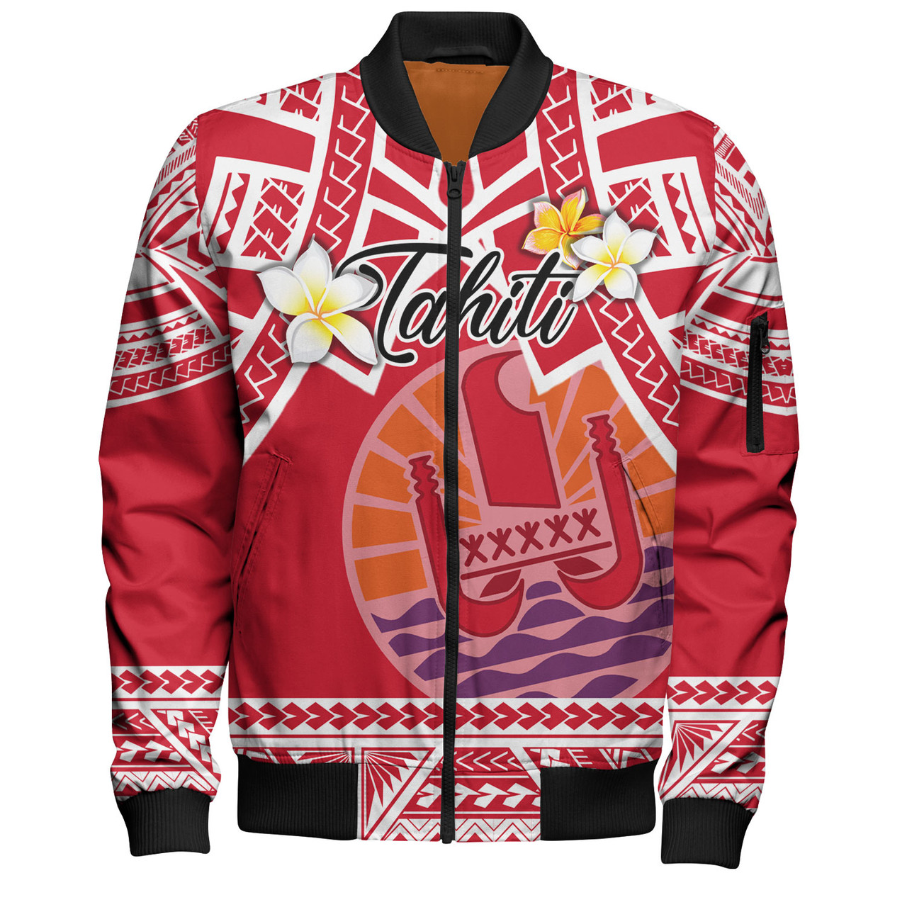 Tahiti Custom Personalised Bomber Jacket Tahitian Plumeria Flowers Mix Tribal Patterns