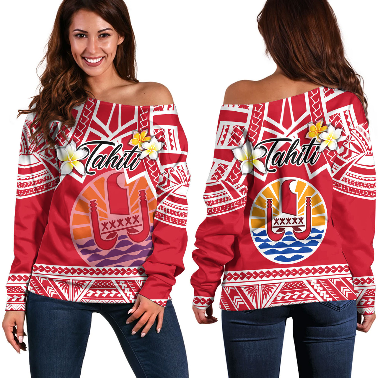 Tahiti Custom Personalised Off Shoulder Sweatshirt Tahitian Plumeria Flowers Mix Tribal Patterns