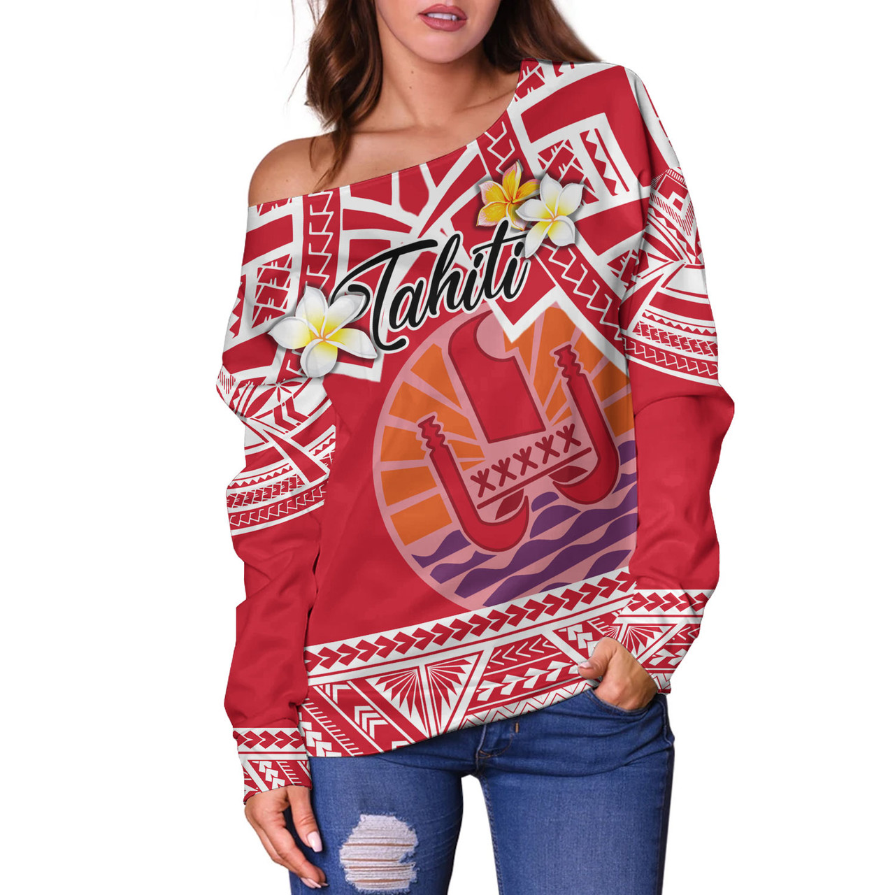 Tahiti Custom Personalised Off Shoulder Sweatshirt Tahitian Plumeria Flowers Mix Tribal Patterns