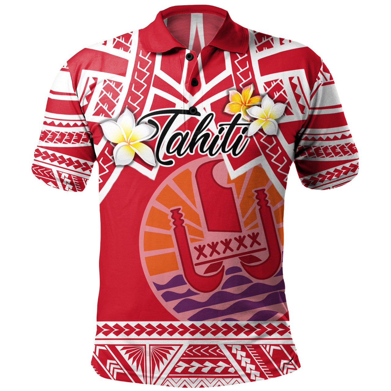 Tahiti Custom Personalised Polo Shirt Tahitian Plumeria Flowers Mix Tribal Patterns