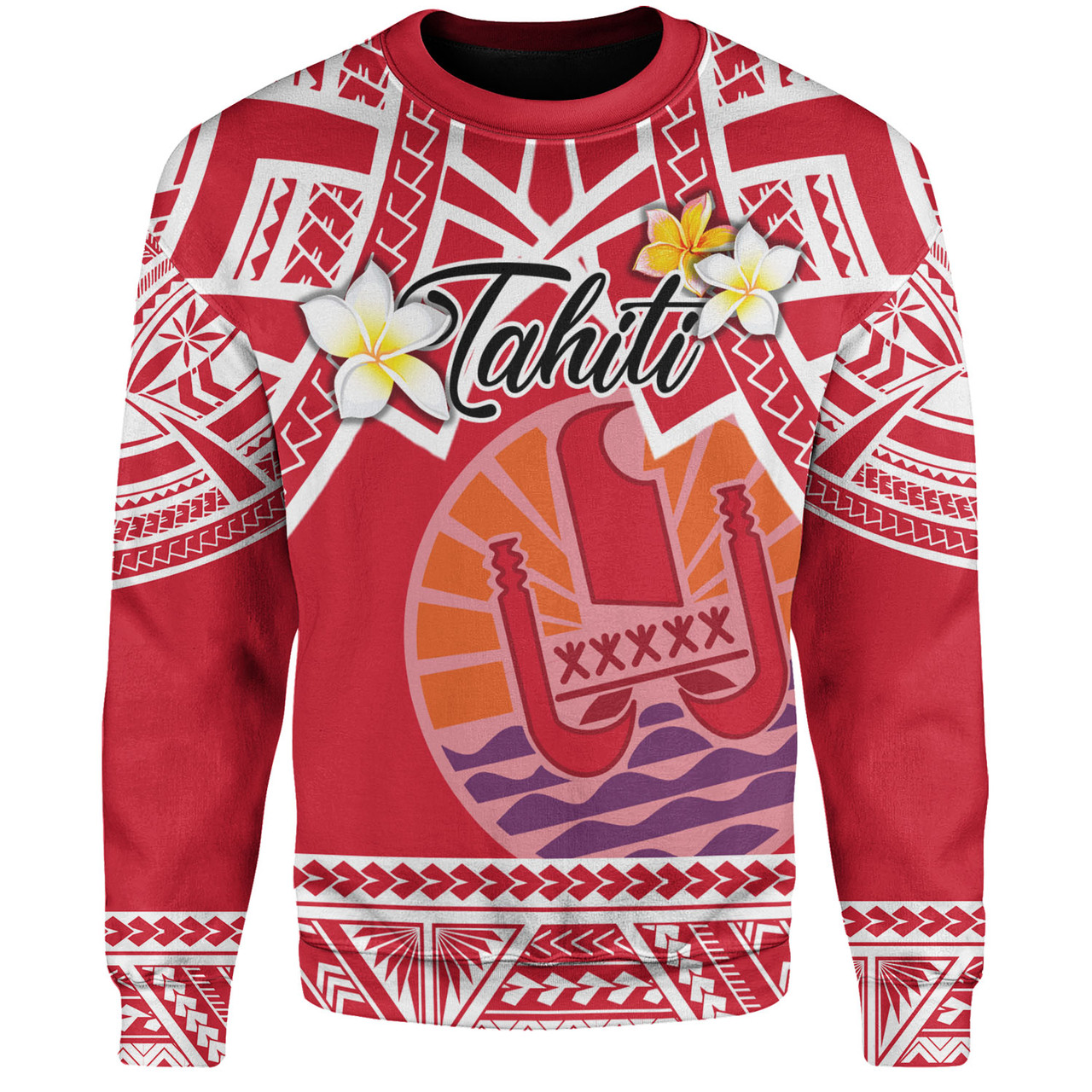 Tahiti Custom Personalised Sweatshirt Tahitian Plumeria Flowers Mix Tribal Patterns