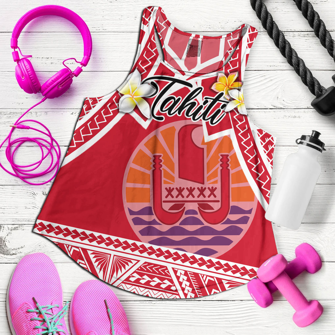 Tahiti Custom Personalised Women Tank Tahitian Plumeria Flowers Mix Tribal Patterns