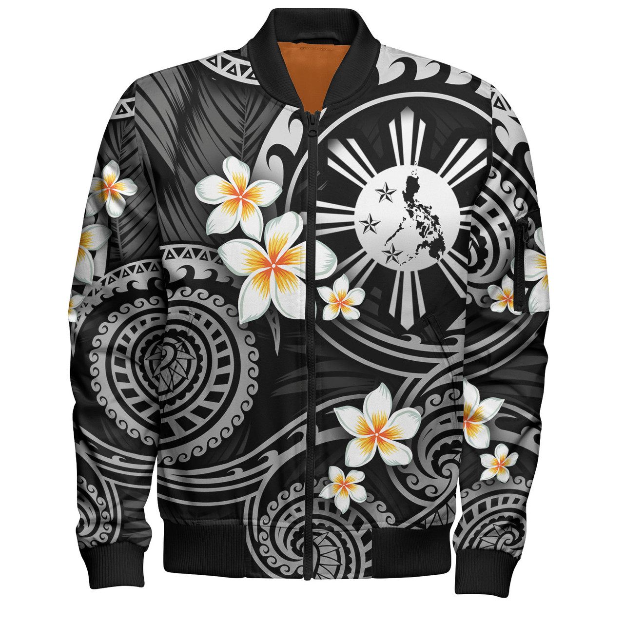 Philippines Filipinos Bomber Jacket Plumeria Flowers Tribal Motif Style