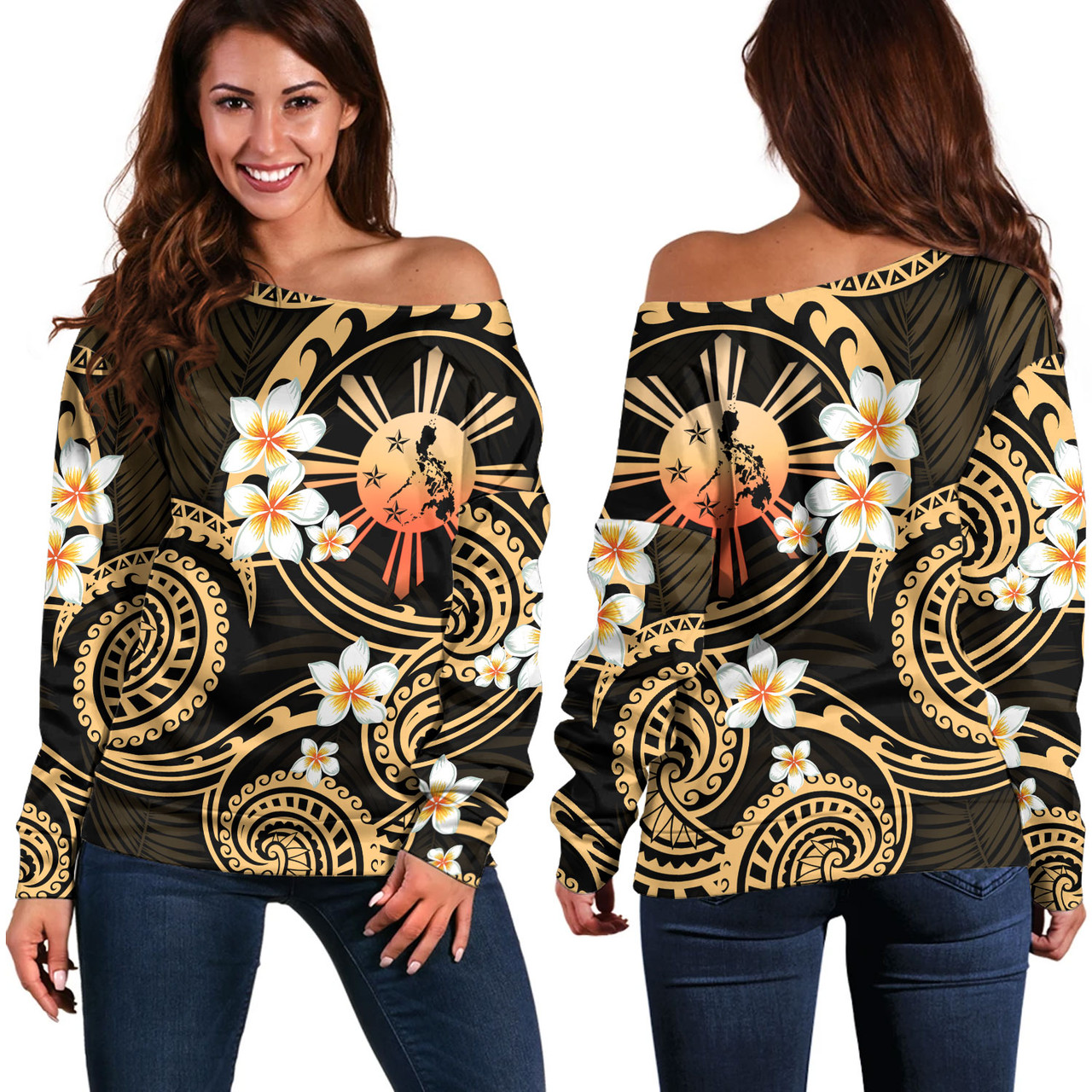 Philippines Filipinos Off Shoulder Sweatshirt Plumeria Flowers Tribal Motif Style