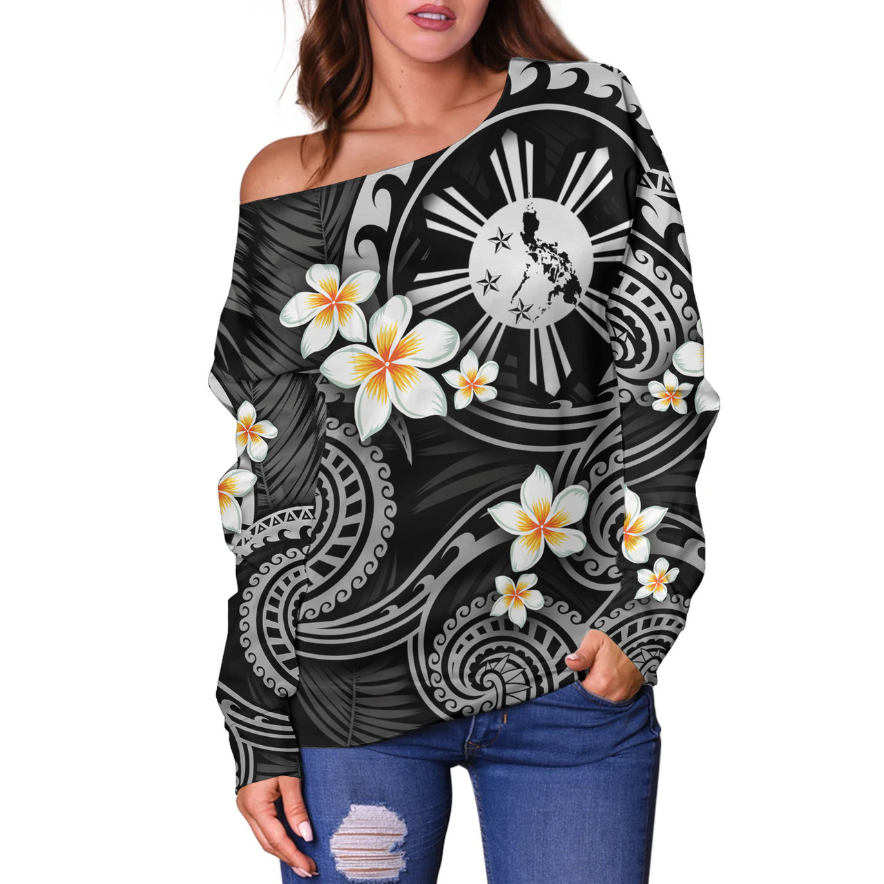 Philippines Filipinos Off Shoulder Sweatshirt Plumeria Flowers Tribal Motif Style