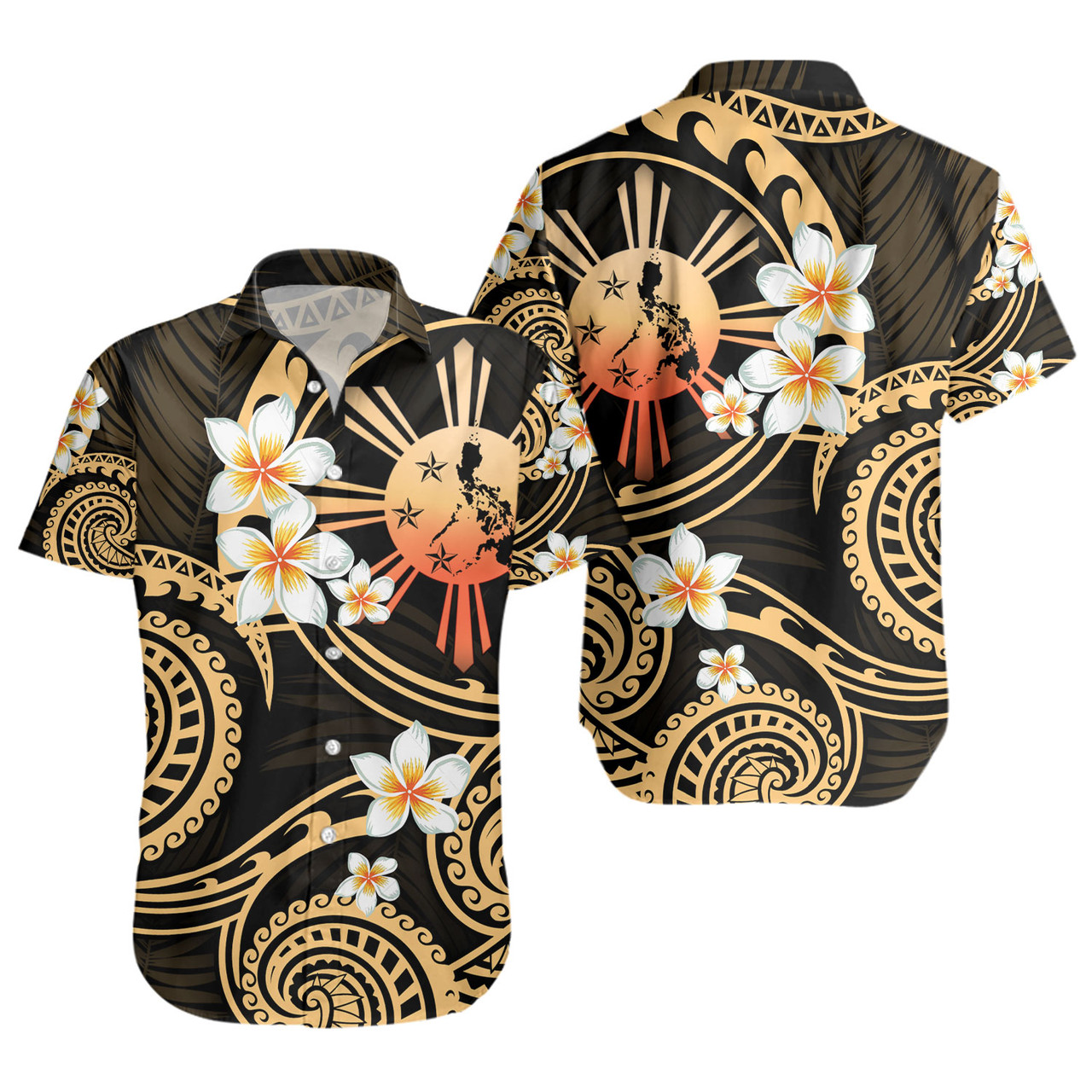 Philippines Filipinos Short Sleeve Shirt Plumeria Flowers Tribal Motif Style