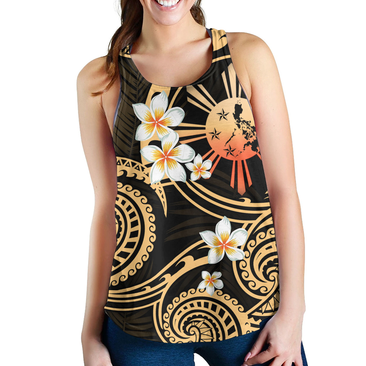 Philippines Filipinos Women Tank Plumeria Flowers Tribal Motif Style