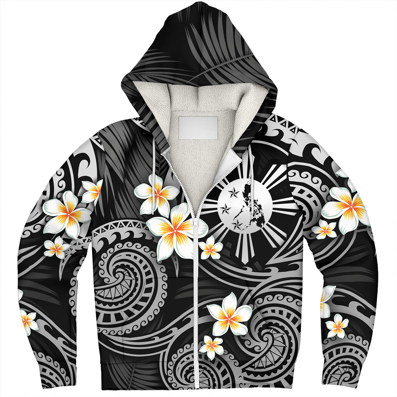 Philippines Filipinos Sherpa Hoodie Plumeria Flowers Tribal Motif Style