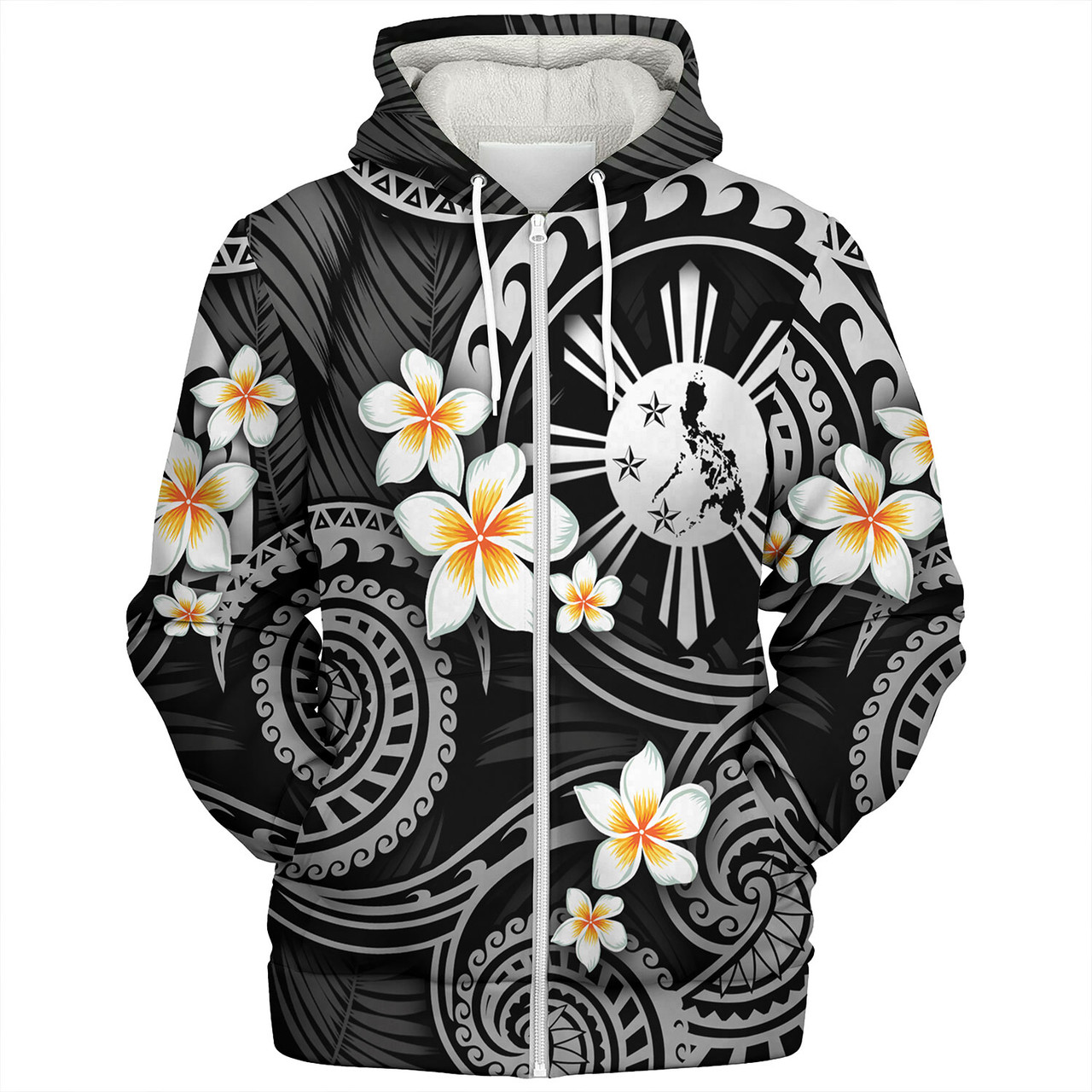 Philippines Filipinos Sherpa Hoodie Plumeria Flowers Tribal Motif Style