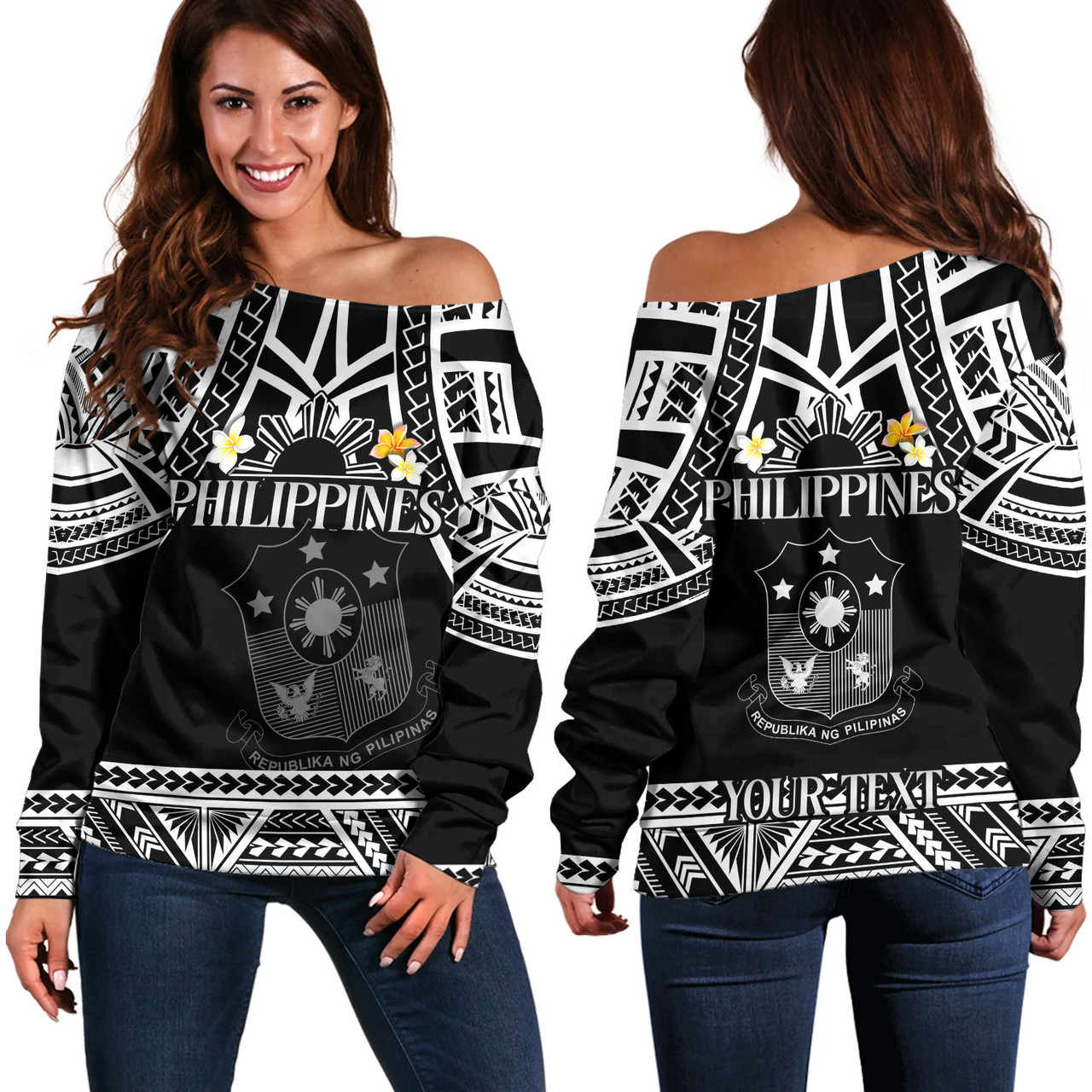 Philippines Filipinos Custom Personalised Off Shoulder Sweatshirt Filipinos Plumeria Flowers Mix Tribal Patterns