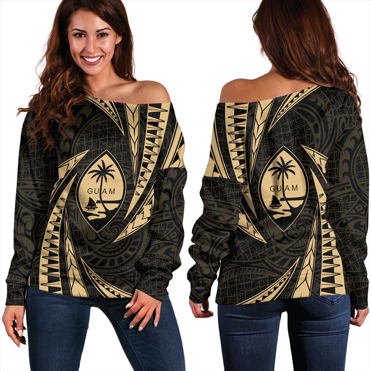 Guam Off Shoulder Sweatshirt Micronesian Tribal Wave