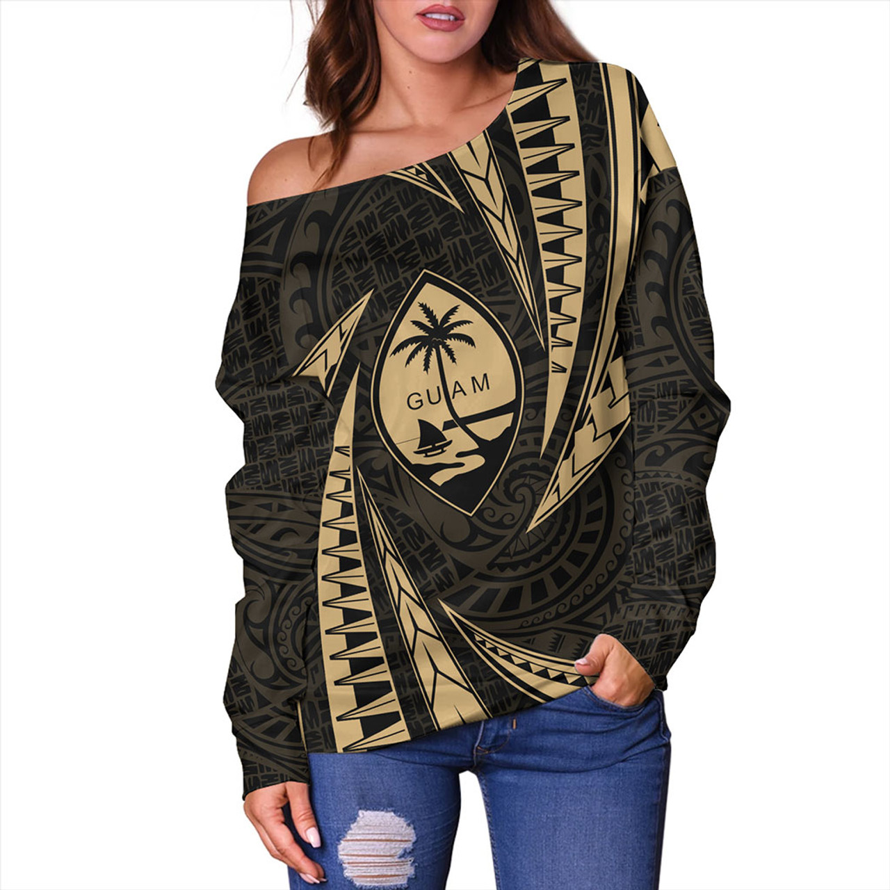 Guam Off Shoulder Sweatshirt Micronesian Tribal Wave