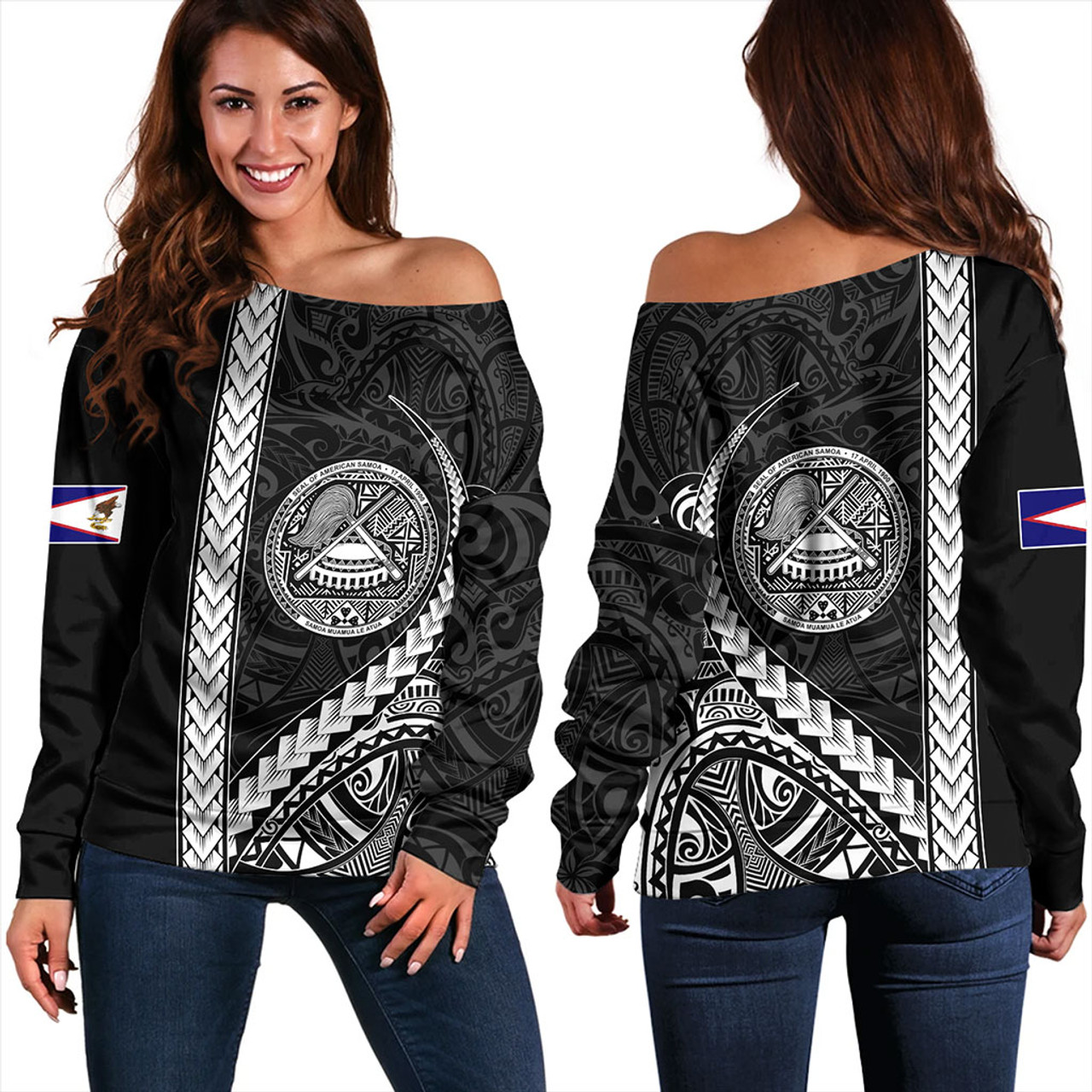 American Samoa Off Shoulder Sweatshirt Samoa Tribal Polynesian Coat Of Arms