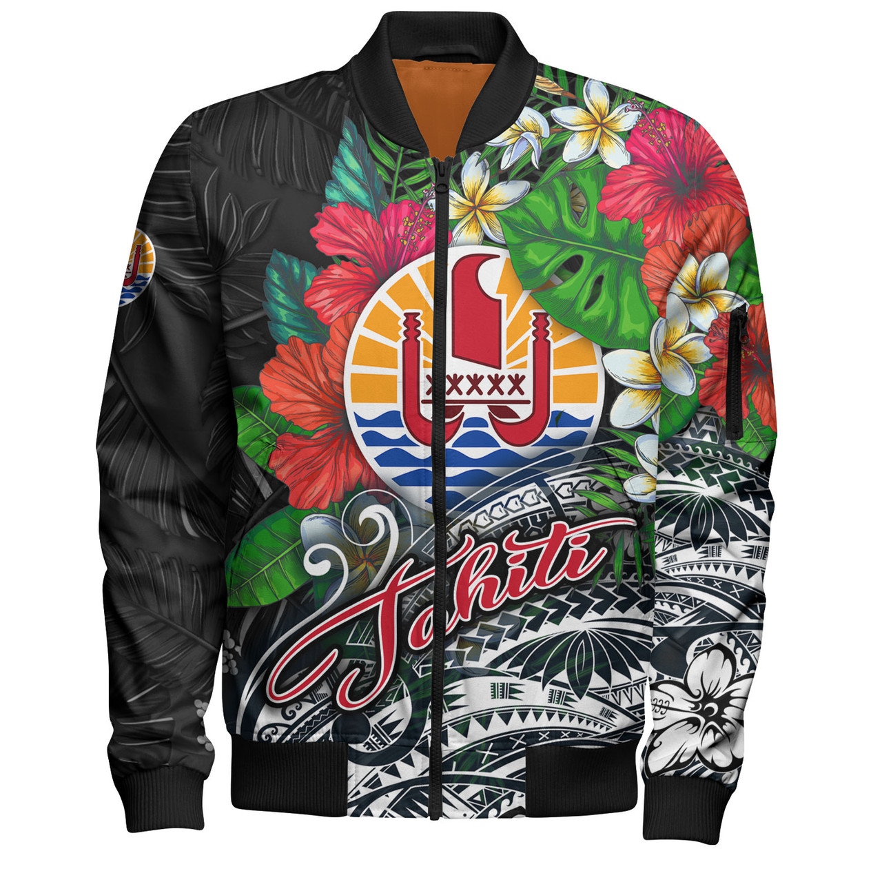 Tahiti Custom Personalised Bomber Jacket Hibiscus And Plumeria With Palm Branches Vintage Style