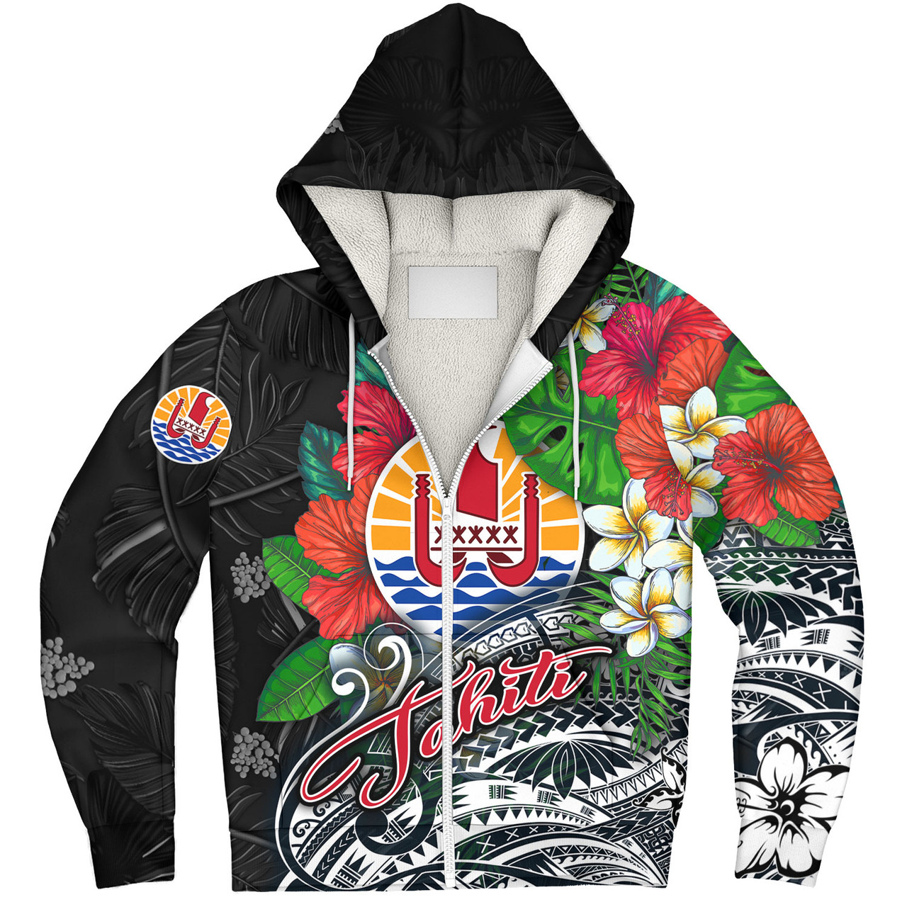 Tahiti Custom Personalised Sherpa Hoodie Hibiscus And Plumeria With Palm Branches Vintage Style