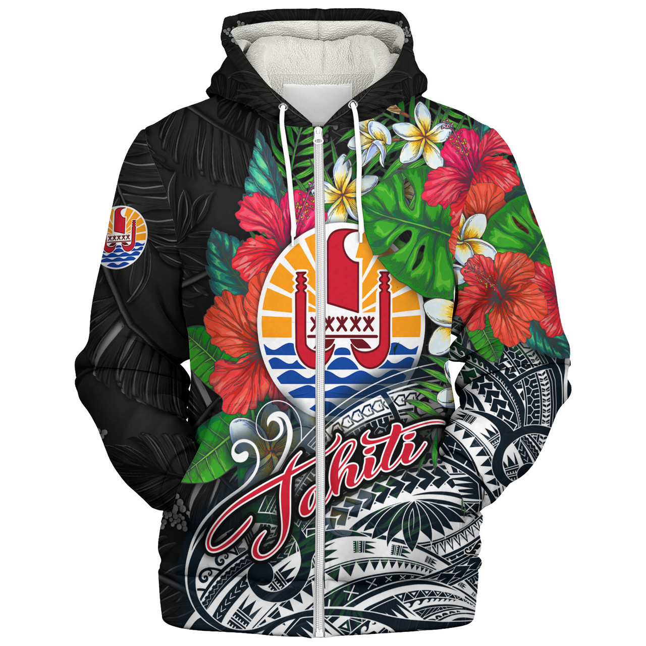 Tahiti Custom Personalised Sherpa Hoodie Hibiscus And Plumeria With Palm Branches Vintage Style