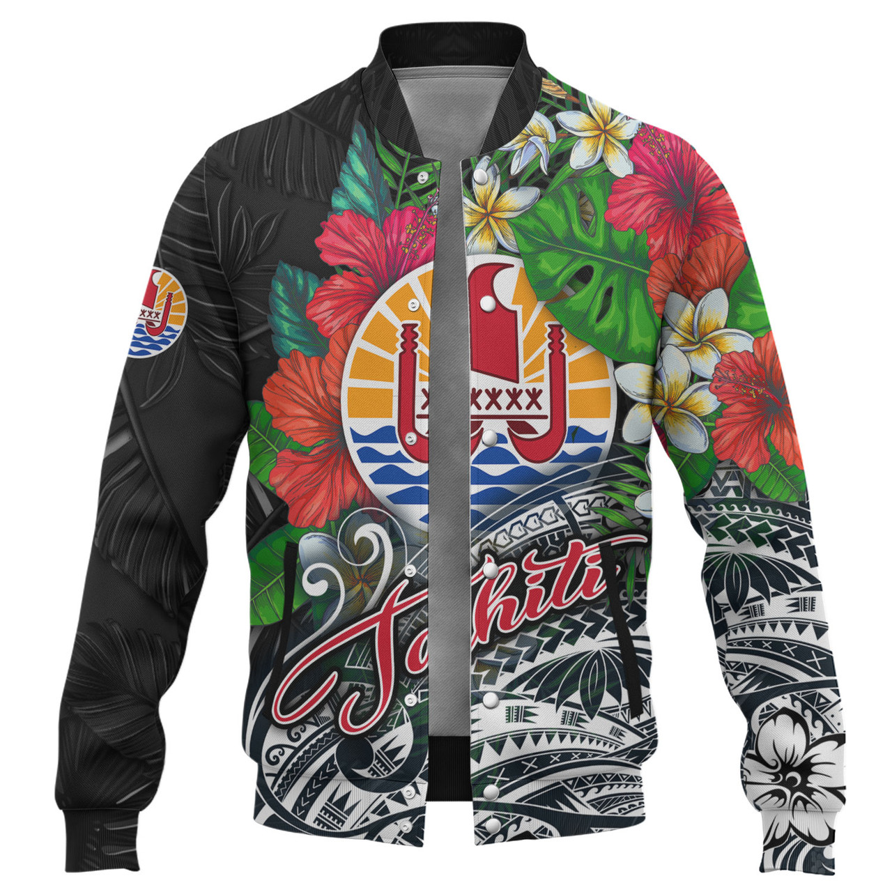 Tahiti Custom Personalised Baseball Jacket Hibiscus And Plumeria With Palm Branches Vintage Style