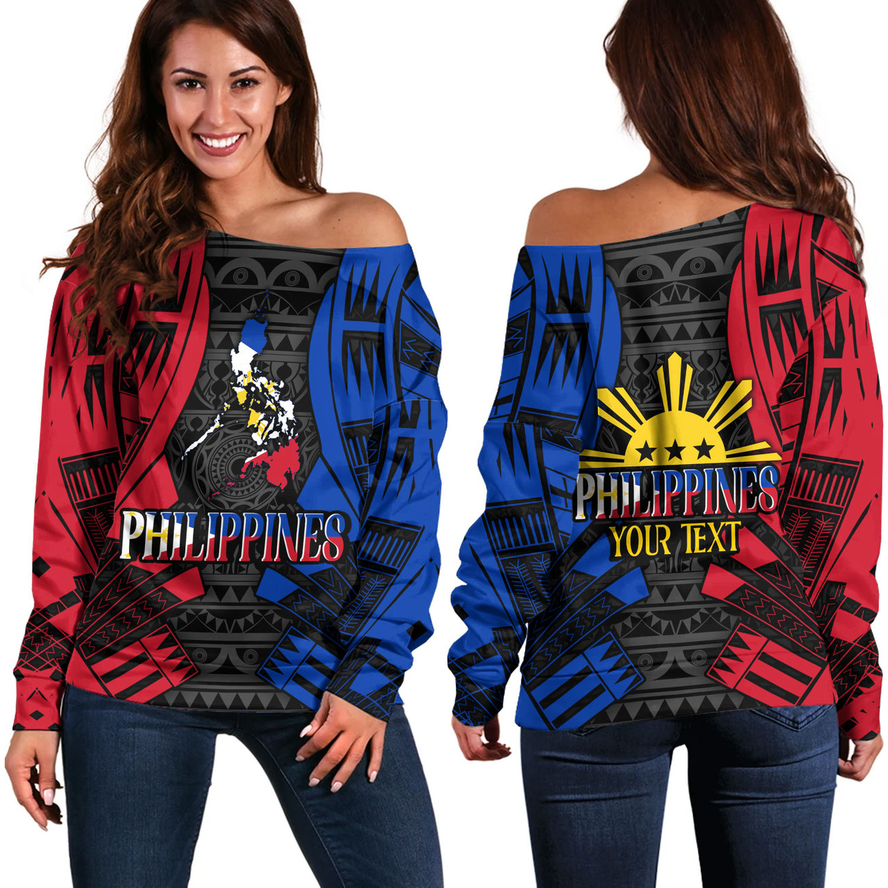 Philippines Filipinos Custom Personalised Off Shoulder Sweatshirt Tattoo Style