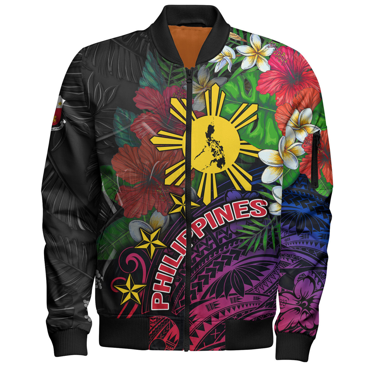 Philippines Filipinos Custom Personalised Bomber Jacket Hibiscus And Plumeria With Palm Branches Vintage Style