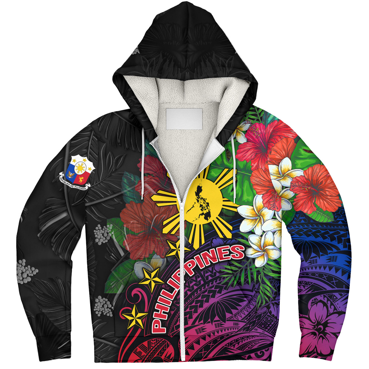 Philippines Filipinos Custom Personalised Sherpa Hoodie Hibiscus And Plumeria With Palm Branches Vintage Style