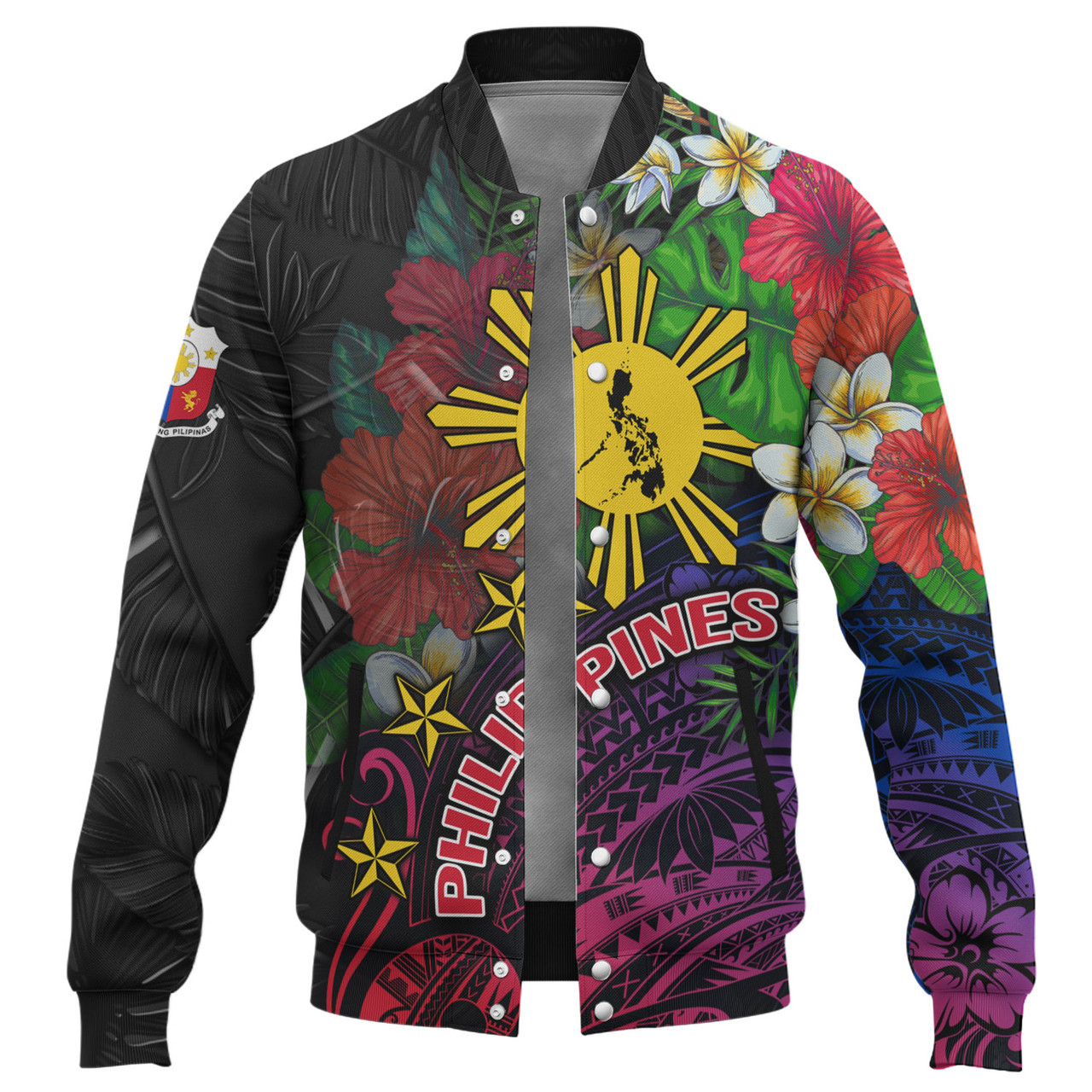 Philippines Filipinos Custom Personalised Baseball Jacket Hibiscus And Plumeria With Palm Branches Vintage Style