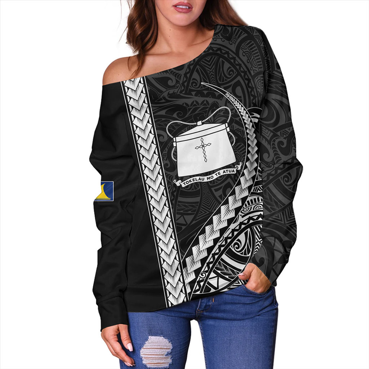 Tokelau Off Shoulder Sweatshirt Tribal Polynesian Coat Of Arms